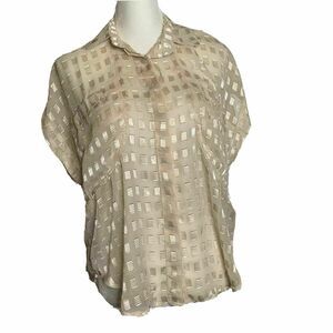 Solemio Sheer Peach Cap Sleeve Button Up Shirt V-Neck Metallic Block Boho M
